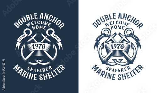 Sea Retro emblem with crossed anchors, ribbons and inscriptions. Worn texture on a separate layer and can be easily disabled