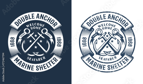 Round nautical logo, tattoo with crossed anchors in vintage style. Worn texture on a separate layer and can be easily disabled.