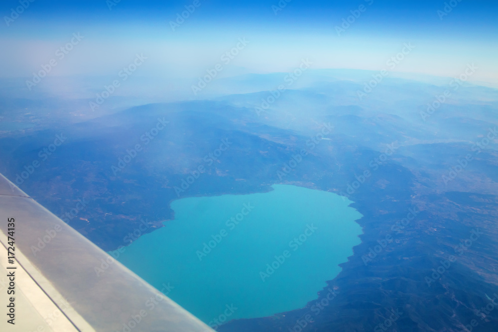 Plane window view of Iznik lake, Turkey