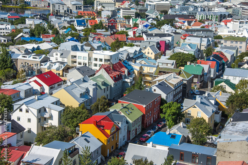 Reykjavik city aerial view of colorful houses, Iceland