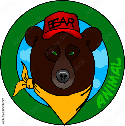 A brown bear in a red cap and an orange bandage around his neck. The inscription bears on the cap. Animal. Vector.