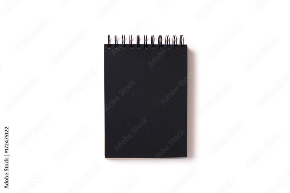 Vertical aligned isolated notebook mock up with blank black sheets on white background. Top view, flat lay. Vertical aligned isolated notebook mock up with blank black sheets on white background. Top view, flat lay.