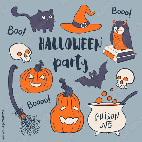 Halloween party set. Vector hand drawn greeting card. Design elements.