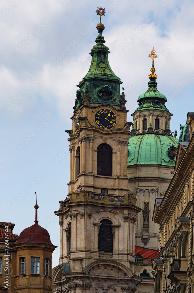 Beautiful view of the Church of St. Nicholas in the Malostranske Square. Prague. Czech Republic