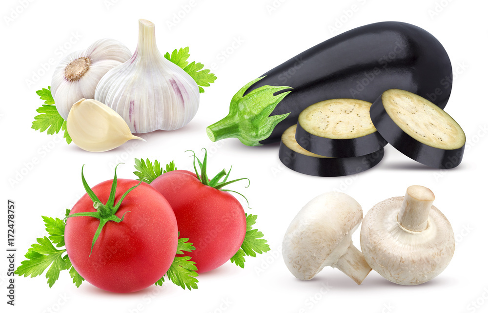 Fresh vegetables isolated. Eggplant, tomato and garlic isolated on white background Fresh vegetables isolated. Eggplant, tomato and garlic isolated on white background