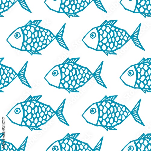 Funny fish outline seamless pattern on white background, nautical design for apparel, textile, fabric, paper, Wallpaper. Vector illustration.