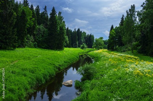 Summer landscape with river in the park of Pavlovsk, Saint-Petersburg