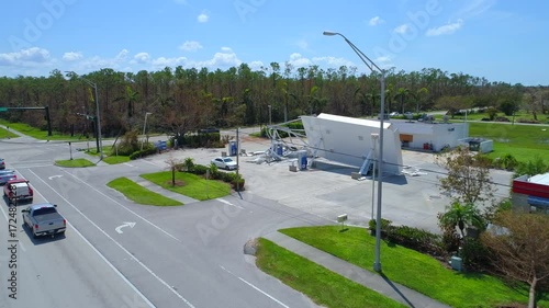 Approach aerial video gas station destroyed by Hurricane Irma 2017 photo
