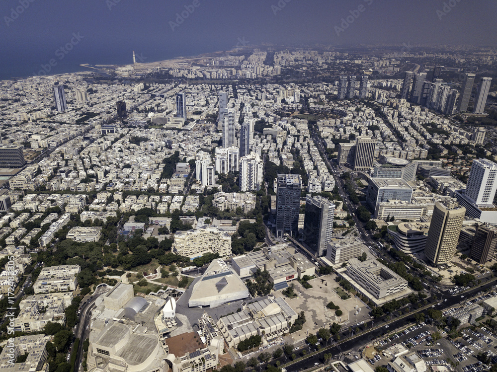 Fototapeta premium TEL AVIV, ISRAEL Cityscape with towers of Azrieli Center and Sarona area in Tel Aviv, . Azrieli center is the main landmark of Tel Aviv. Old and New Architecture in Tel Aviv - Old and modern bui