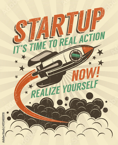 Startup take-off rocket retro poster with vintage colors and grunge effect. Worn texture on separate layer and can be easily disabled.