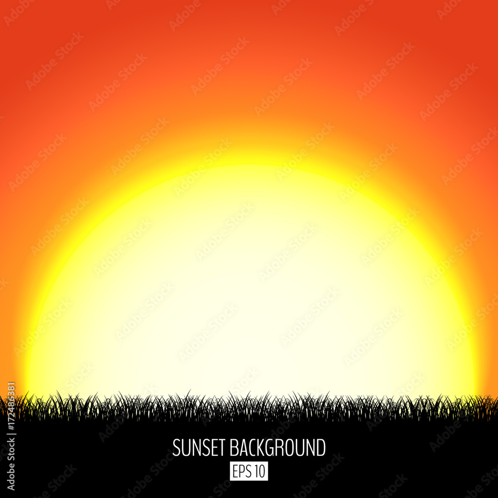 Sunset or sunrise abstract background with black grass silhouette. Burning sun sets over the horizon