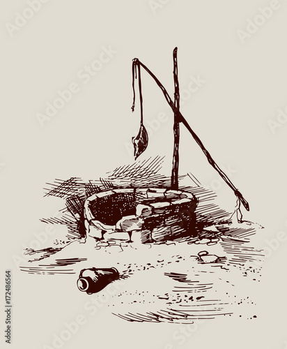 Man and camels at withered well in desert. Vector drawing