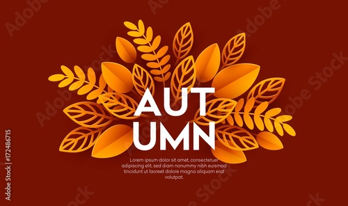 Fall sale background design with colorful paper cut autumn leaves. Vector illustration