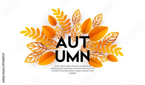 Fall sale background design with colorful paper cut autumn leaves. Vector illustration