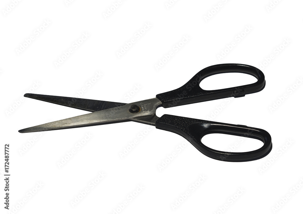 close up black office scissors isolated on white with shadow close up black office scissors isolated on white with shadow