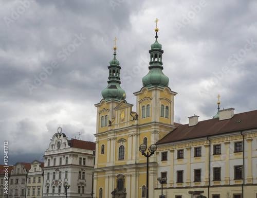 city center Hradec Kralove baroque church and palaces in main square Czech republic