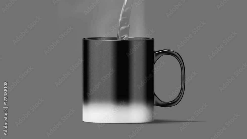 Blank magic mug mockup, black and white color, filling up with hot boiling water, 3d rendering. Clear magical heat sensitive coffee cup mock up with all nessesary masks. Morphing tea pot activation.
