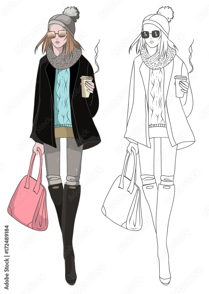 fashion woman in winter outfit with cup of coffee