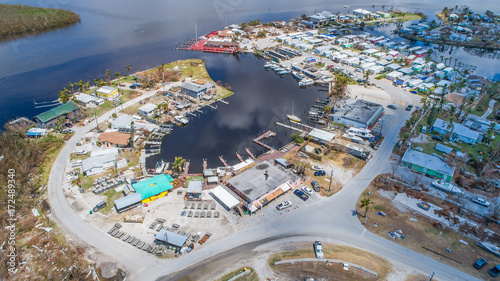Aerial images of post hurricane Irma damage over Goodland, Florida. A small fishing village on the southwest coast near Naples
