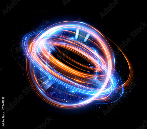 Abstract background. Elegant glowing circle. Light ring. Atoms and electrons. Sparking particle. .Colorful ellipse. Glint sphere. Bright border. Energy ball. Physics concept.