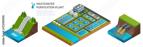 Vector isometric storage tanks in sewage water treatment plant. Dirty wastewater. Discharge of liquid chemical waste. The danger for the environment