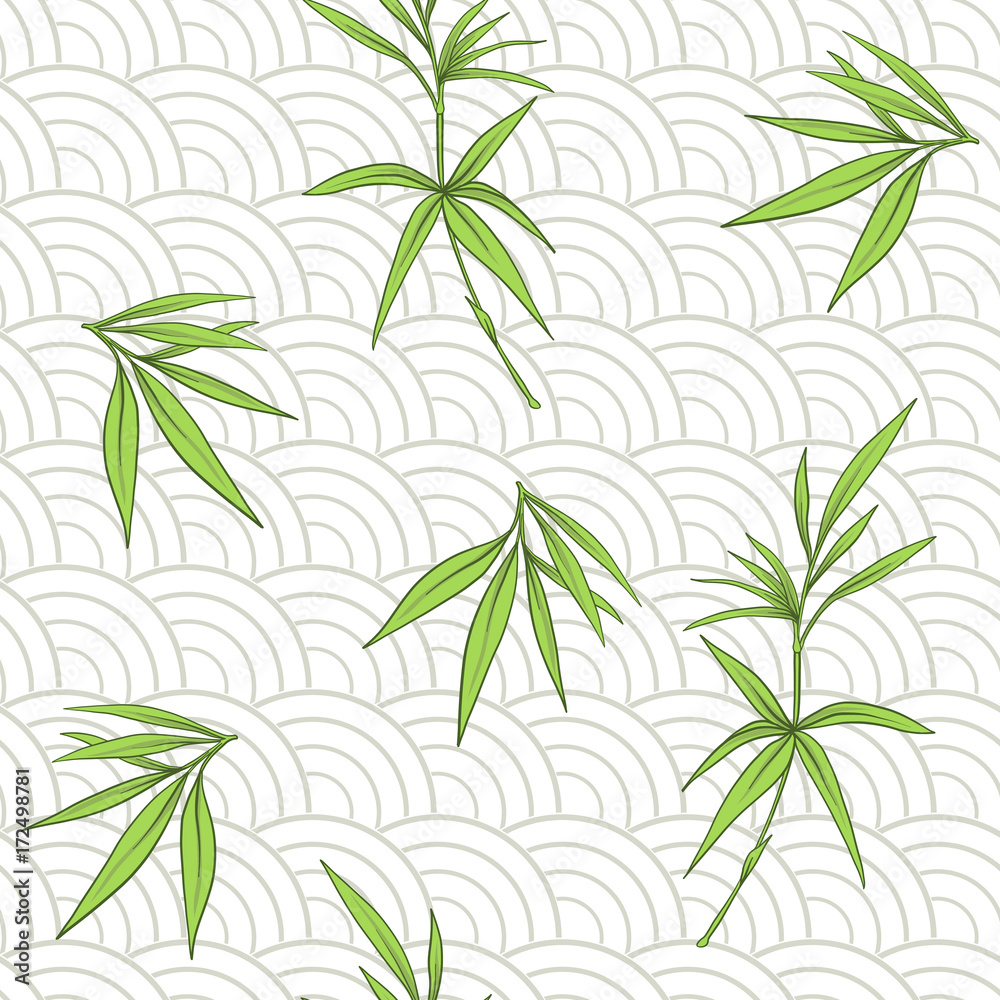 Fototapeta premium Seamless pattern with bamboo leaves and branches in Japanese sty