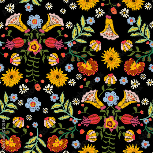 Fototapeta Embroidery ethnic seamless pattern with colorful flowers