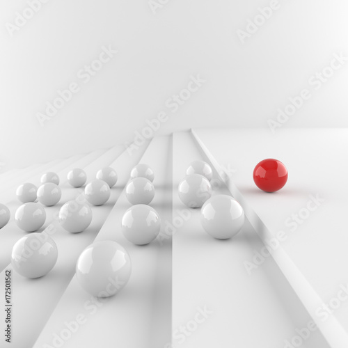 Leadership concept, red leader ball with whites go up the steps, on white background. 3D Rendering.