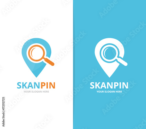 Vector of map pointer and loupe logo combination. GPS locator and magnifying symbol or icon. Unique pin and search logotype design template.