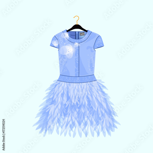 Light blue party dress with feather decor. Fashion illustration for shopping catalog