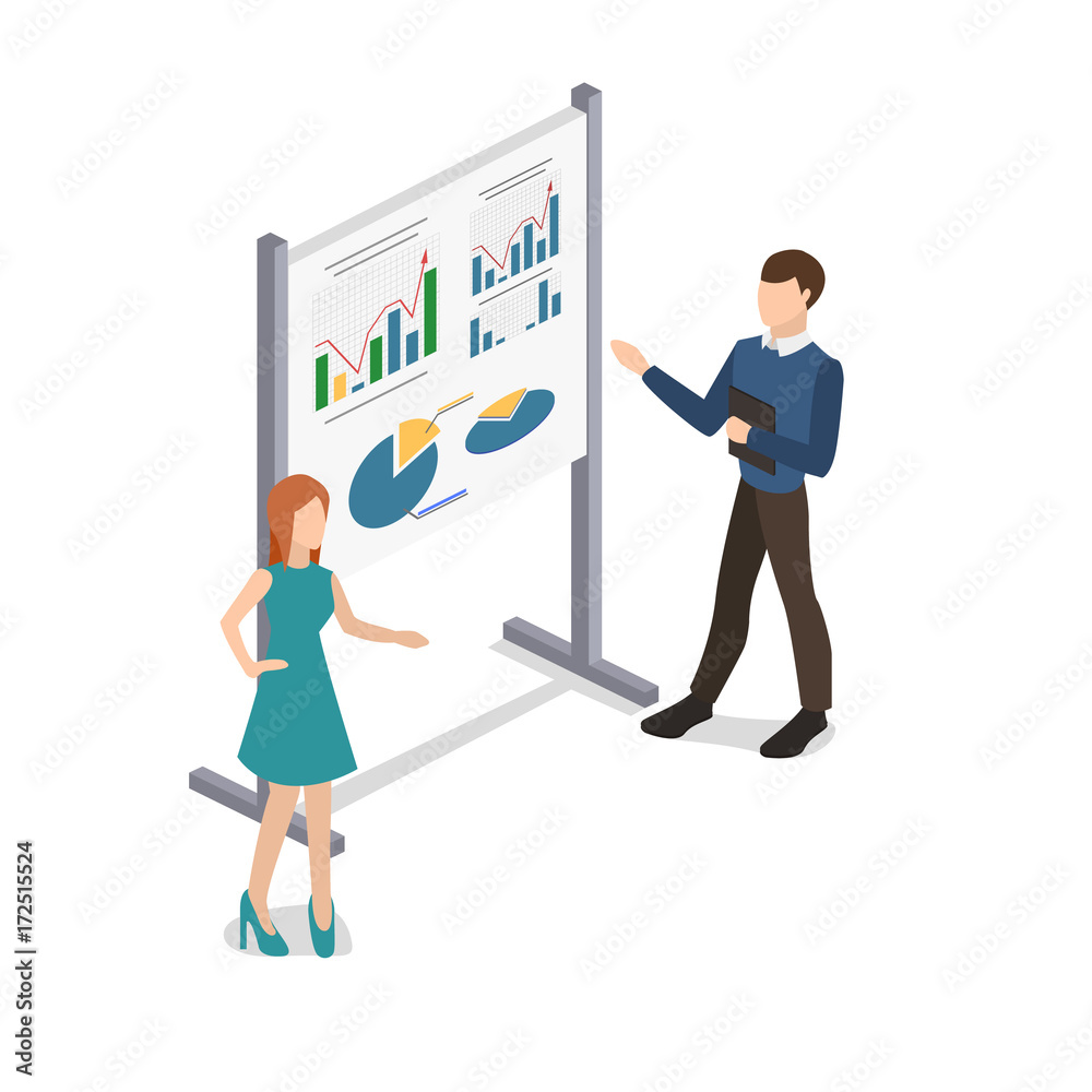 Isometric 3D vector illustration Business seminar with a presentation on marketing. Training on business. Motivational lecture for people. Isometric 3D vector illustration Business seminar with a presentation on marketing. Training on business. Motivational lecture for people.