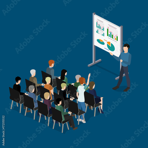 Isometric 3D vector illustration Business seminar with a presentation on marketing. Training on business. Motivational lecture for people.