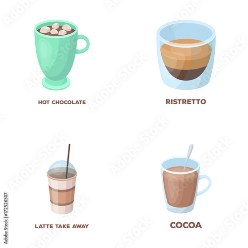Ristretto, hot chocolate, latte take-away.Different types of coffee set collection icons in cartoon style vector symbol stock illustration web.