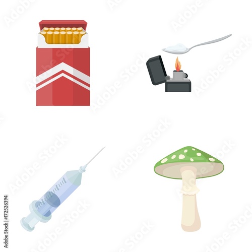 Cigarettes, a syringe, a galoyucinogenic fungus, heroin in a spoon.Drug set collection icons in cartoon style vector symbol stock illustration web.