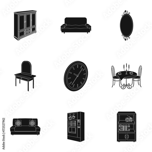 Coffee maker, sofa, mirror, table service in the restaurant and other web icon in black style isometric. Interior and office furniture icons in set collection.