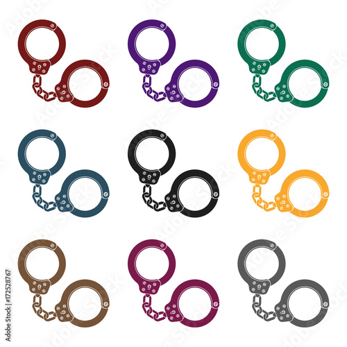 Metal handcuffs for detaining criminals. Outfit of a policeman.Prison single icon in black style vector symbol stock illustration.