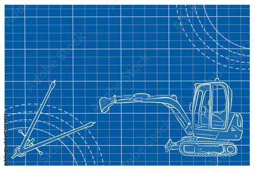 Excavator line art vector illustration on a blueprint background.  Compass drawing tool and decorative lines