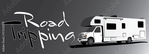 RV recreational vehicle or motor home with text road tripping on grey background.