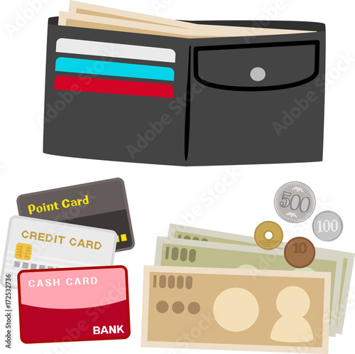 二つ折りの財布と現金とカード