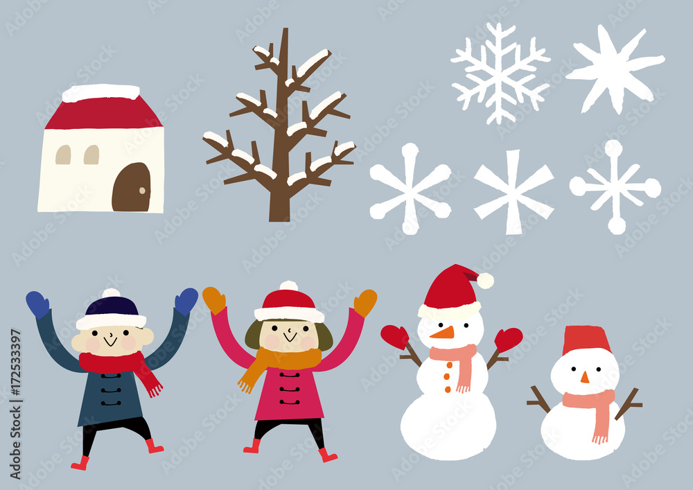冬の素材パーツ子供と雪だるまStock Vector | Adobe Stock