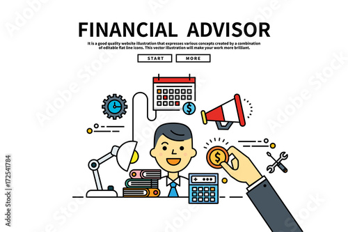 Flat line vector editable graphic illustration, business finance concept, financial advisor