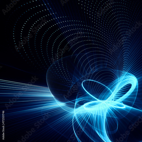 Abstract blue and black background. Fractal graphics series. Three-dimensional composition of dots, waves and rays of light.