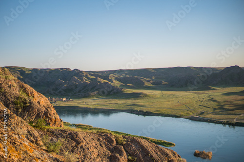 Kazakhstan Ili river view. Beautiful steppe landscape
