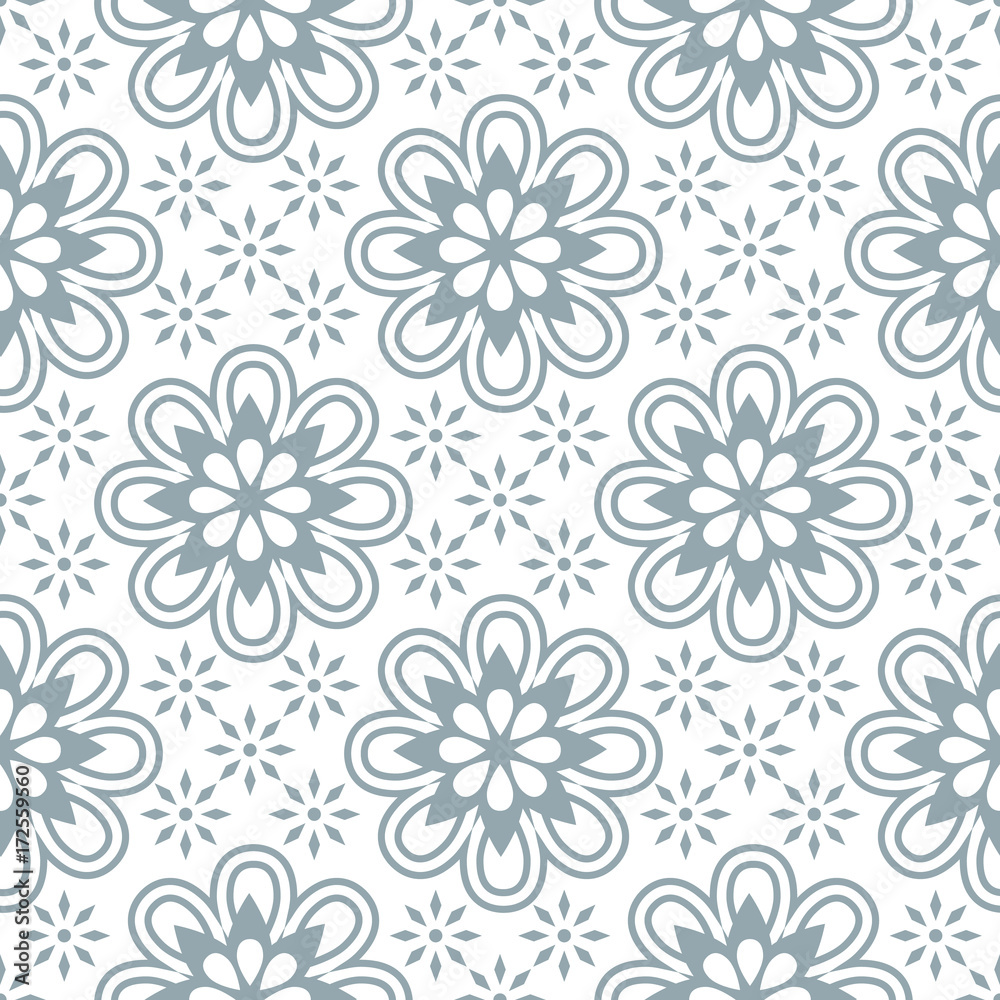 Geometric seamless pattern. Modern floral ornament. Gray and white color. Vector illustration. For the interior design, wallpaper, decoration print, fill pages