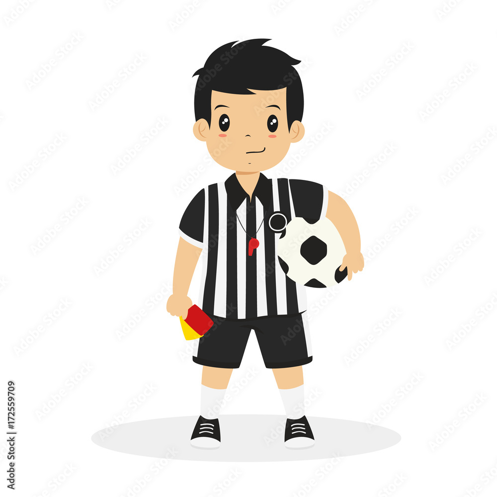 Happy boy wearing soccer referee jersey with a whistle hanging around the  neck. his right hand holding red and yellow card, and his left hand holding  a soccer ball cartoon vector Stock