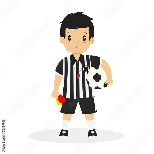 Happy boy wearing soccer referee jersey with a whistle hanging around the neck. his right hand holding red and yellow card, and his left hand holding a soccer ball cartoon vector