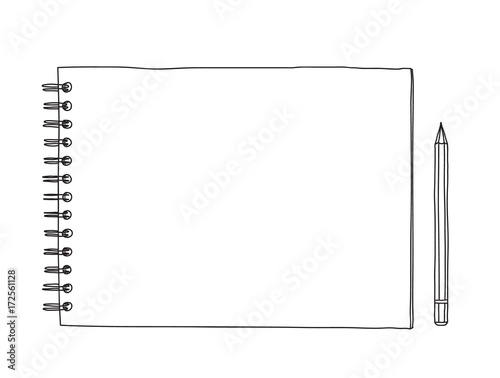 notebook and  pencil hand drawn vector line art illustration