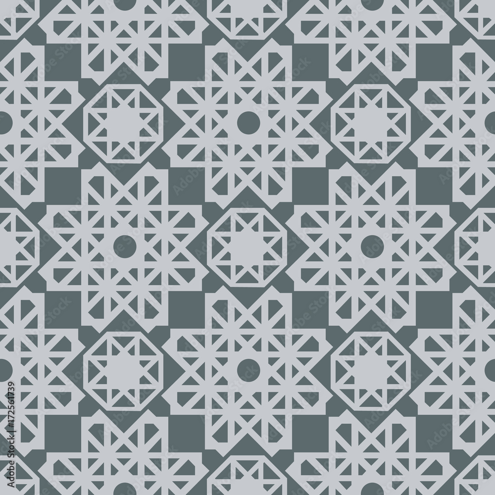 Geometric seamless pattern. Modern floral ornament. Gray and white color. Vector illustration. For the interior design, wallpaper, decoration print, fill pages Geometric seamless pattern. Modern floral ornament. Gray and white color. Vector illustration. For the interior design, wallpaper, decoration print, fill pages