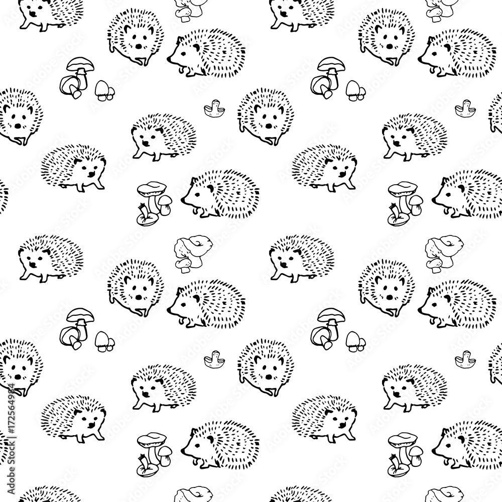 Obraz premium Mushrooms and hedgehog hand drawn vector seamless pattern. Isolated Sketch organic food drawing background. Hedgehog, champignon, enokitake, porcini, oyster, honey agaric, chanterelle, fungi, russula.