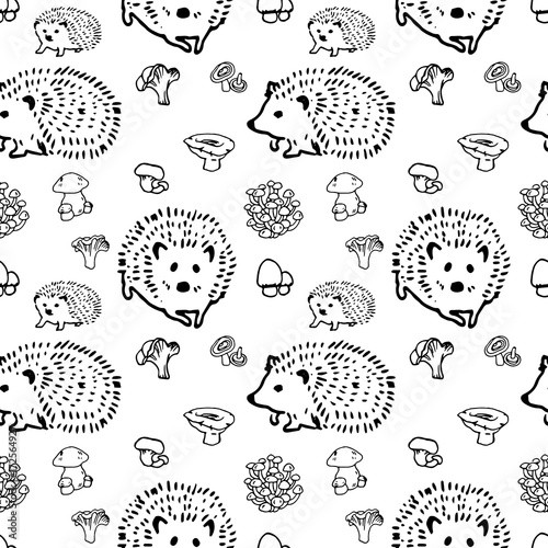 Mushrooms and hedgehog hand drawn vector seamless pattern. Isolated Sketch organic food drawing background. Hedgehog, champignon, enokitake, porcini, oyster, honey agaric, chanterelle, fungi, russula.